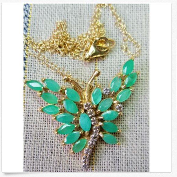 Diamond & 3.0 CTW Emerald Butterfly Necklace - Picture 2 of 10